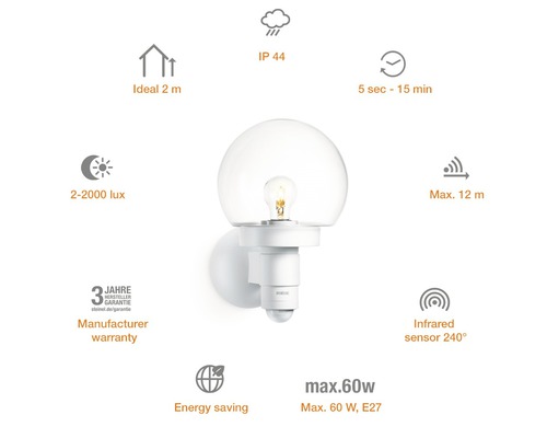 Éclairage mural extérieur Steinel avec capteur L115S blanc 1 ampoule 330x215 mm