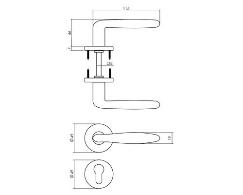 Schéma technique d''une poignée de porte avec dimensions