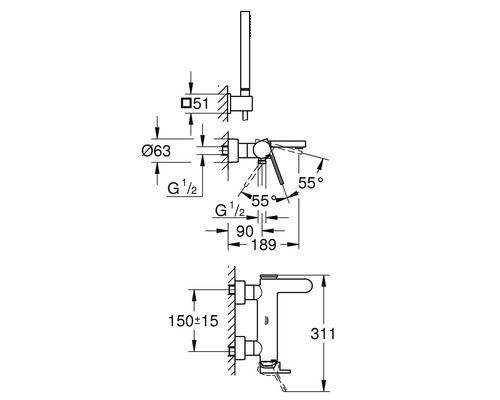 Schéma coté d''un robinet de douche avec douchette