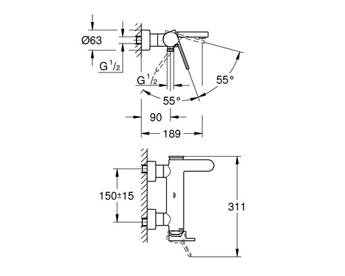 Technische Zeichnung einer Armatur mit Maßangaben
