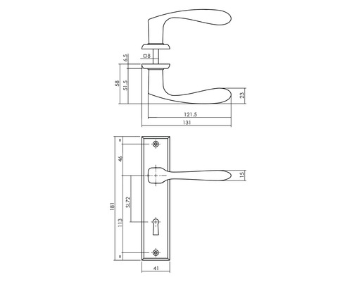 Technische Zeichnung eines Türdrückers mit Langschild und Maßangaben