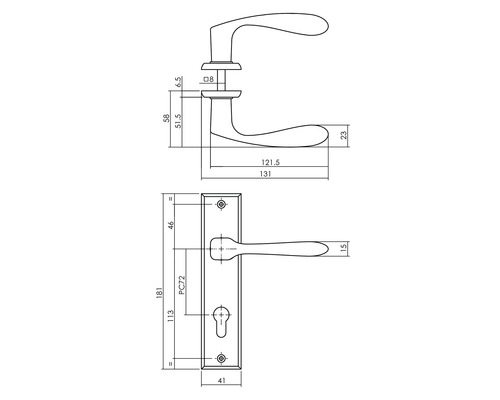 Technische Zeichnung eines Türbeschlags mit Maßangaben
