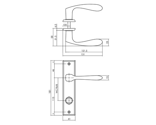Technische Zeichnung eines Türdrückers mit Maßen
