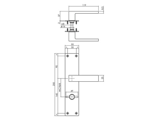 Dessin technique d''une poignée de porte avec dimensions