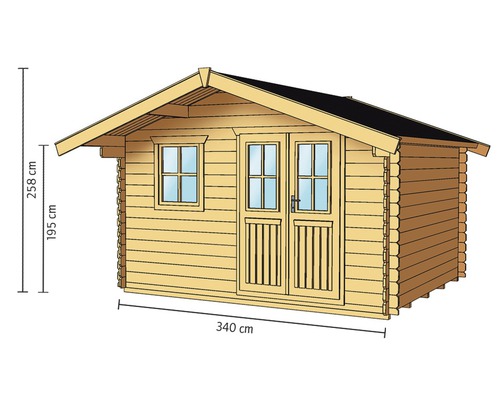 Holzgartenhaus mit Fenster und Doppeltür, Abmessungen 340 mal 258 Zentimeter
