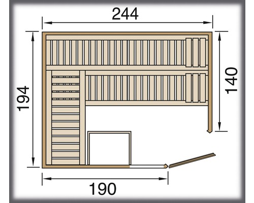 Grundriss einer Sauna mit Maßangaben