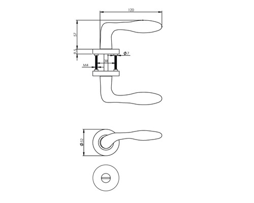 Schéma technique d''une poignée de porte avec indications de dimensions