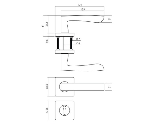 Schéma technique d''une poignée de porte avec indications de dimensions
