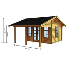 Abri de jardin en bois avec des dimensions de 380 cm de large et 311 cm de haut