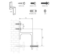 Illustration einer Halterung mit Schrauben, Dübeln und Massen