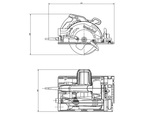 Dessin technique d''une scie circulaire portative Metabo avec dimensions