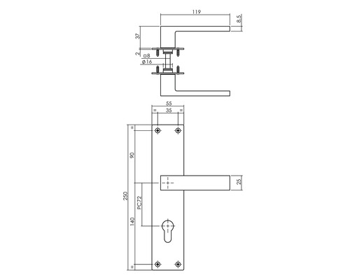 Technische Zeichnung eines Türdrückers mit Maßangaben