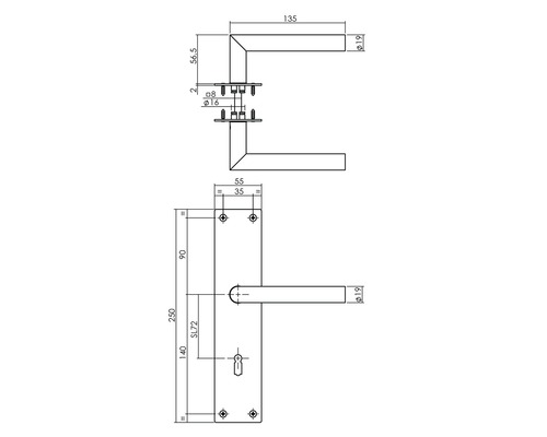 Technische Zeichnung eines Türdrückersets mit Abmessungen