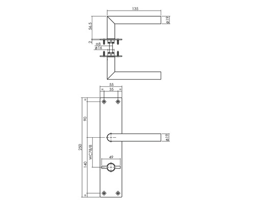 Technische Zeichnung eines Türdrückers mit Maßen.