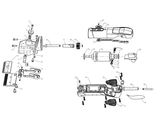 Schéma éclaté d''une tondeuse à cheveux avec pièces détachées et numérotation