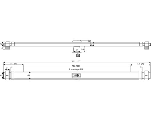 Schéma technique d''une serrure de porte avec dimensions.