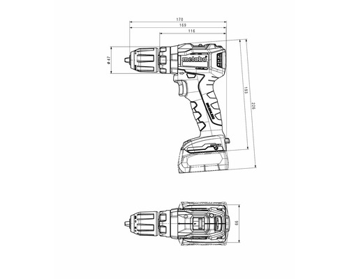 Dessin technique d''une visseuse sans fil Metabo avec dimensions.