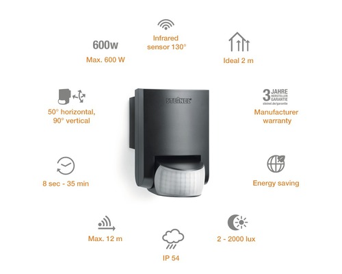 Steinel Bewegungsmelder mit Infrarotsensor 130 Grad, 600 Watt, ideal 2 Meter, 50 Grad horizontal, 90 Grad vertikal, 8 Sekunden bis 35 Minuten, maximale Reichweite 12 Meter, IP 54, 2 bis 2000 Lux, Herstellergarantie, energiesparend