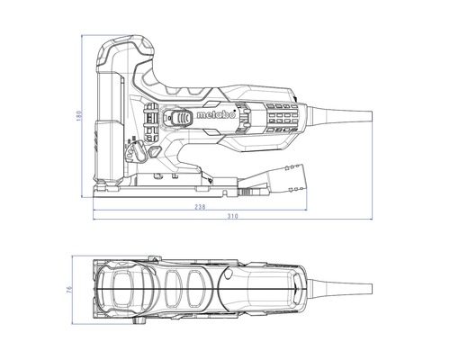 Dessin d''une scie sauteuse Metabo avec indications de dimensions