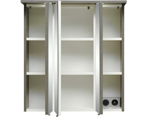 Offener Spiegelschrank mit Regalen und Steckdose für Badezimmer