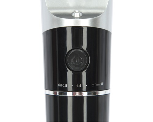 Vue détaillée d''une tondeuse à cheveux avec bouton marche/arrêt et réglages de longueur