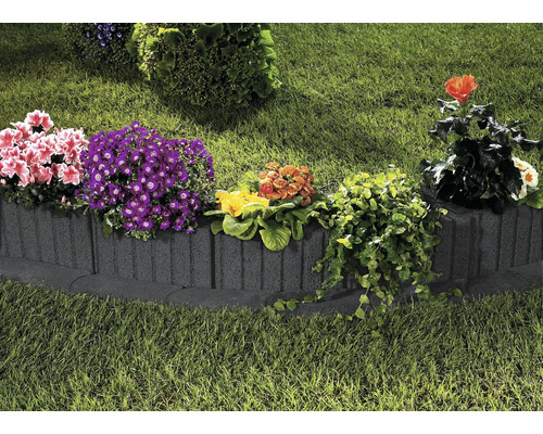 Garten mit Rasenfläche und Beeteinfassung aus Beton mit verschiedenen Blumen