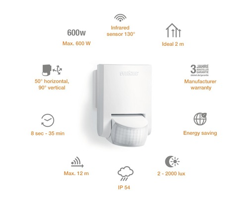 Détecteur de mouvements Steinel IS130-2 130° capteur de mouvements infrarouge IP54 intérieur + extérieur 12 m portée blanc