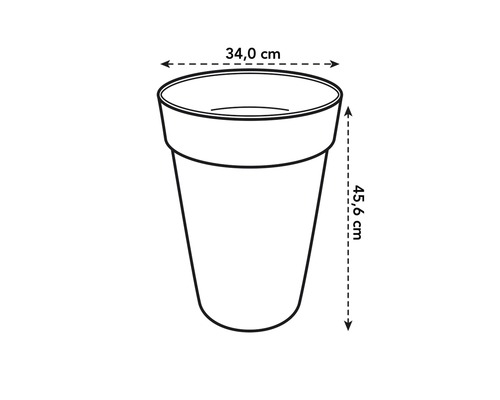 Illustration eines Pflanzgefäßes mit den Maßen 34,0 cm Durchmesser und 45,6 cm Höhe.