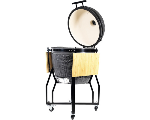 Keramikgrill mit offenem Deckel und Seitentischen