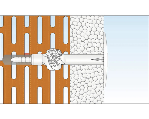 Illustration d''une fixation par cheville dans une façade perforée avec isolation thermique
