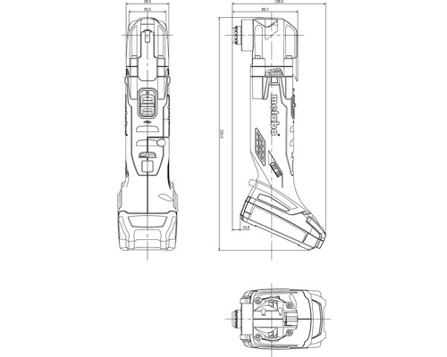 Schéma technique de la visseuse angulaire sans fil Metabo avec indications de mesure