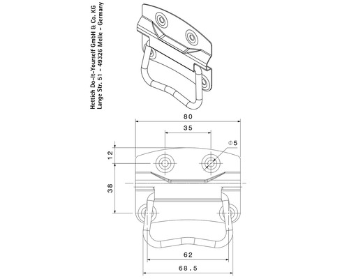 Technische Zeichnung eines Kastenscharniers mit Griff und Maßangaben.