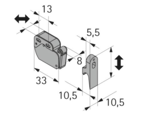 Dessin technique d''un loqueteau de meuble avec indication des dimensions.