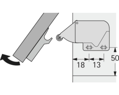 Représentation d''une ferrure de meuble avec des indications de dimensions pour le montage.