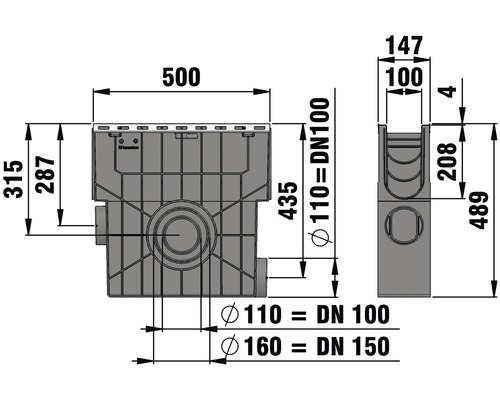 Schéma technique d''une rigole de cour avec dimensions