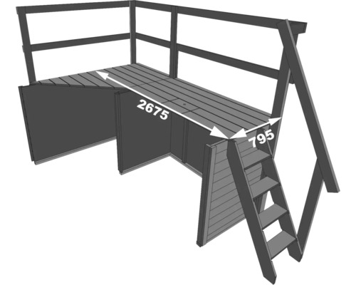 Illustration eines Spielhauses mit einer Länge von 2675 Millimetern und einer Breite von 795 Millimetern.