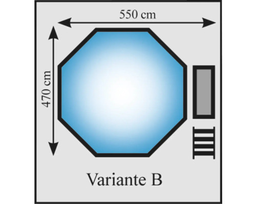 Draufsicht Pool Variante B mit Leiter und den Maßen 550 cm und 470 cm