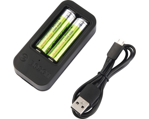 Chargeur de piles avec deux piles et câble USB