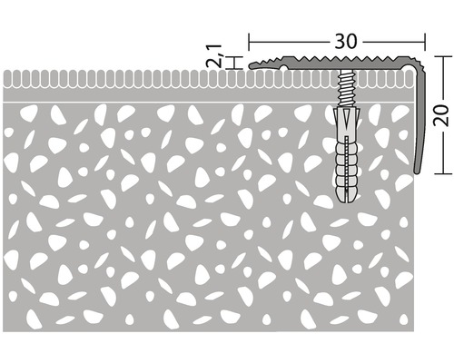 Représentation d''un profil de bordure d''escalier avec vis et cheville pour le montage sur un escalier.