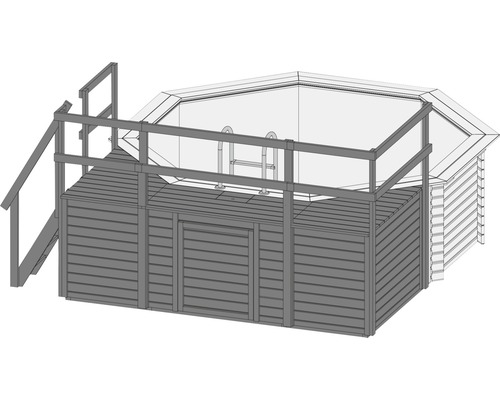 Illustration d''une piscine octogonale avec habillage en bois, escalier et échelle