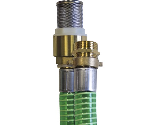 Detailansicht eines Saugschlauchs mit Saugkorb und Messinganschlussstück.