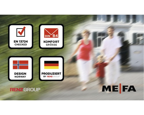 EN 13724 Geprüft Siegel, DIN B4 Komfort Größe Siegel, Design Norwegen Siegel, Produziert in Deutschland Siegel, Renz Group Logo, MEFA