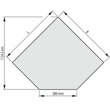 Technische Zeichnung eines Fünfecks mit den Maßen 1124,2 mm, 580 mm, L und B