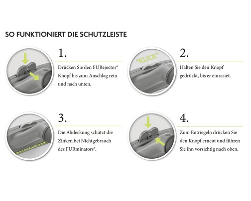Anleitung zur Verwendung der Schutzleiste eines FURminators in vier Schritten