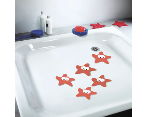 Receveur de douche avec tapis antidérapants rouges en forme d''étoile pour enfants, savon et accessoires de nettoyage