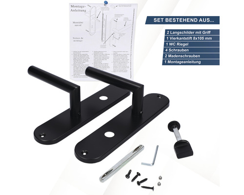 Türbeschlagset mit zwei Langschildern, Griffen, Vierkantstift, WC Riegel, Schrauben, Madenschrauben und Montageanleitung