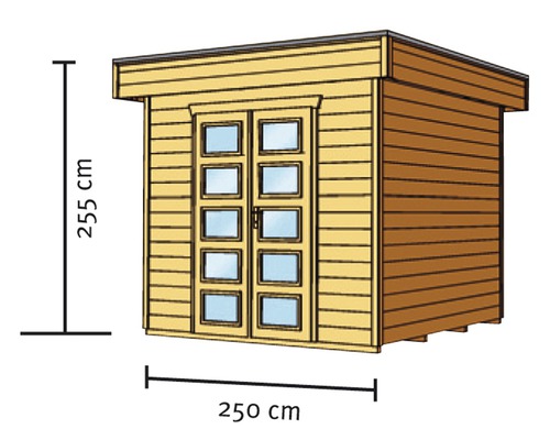 Image d''un abri de jardin mesurant 255 cm de haut et 250 cm de large.