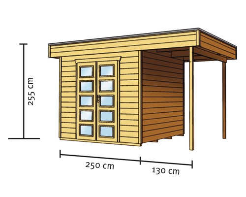 Image d''un abri de jardin en bois d''une hauteur de 255 cm, d''une largeur de 250 cm et d''une profondeur de 130 cm.