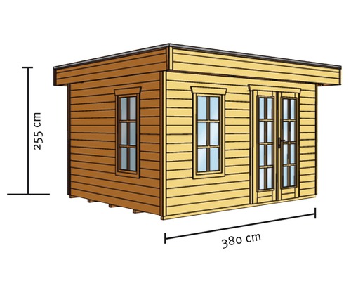 Image d''une maison de jardin en bois mesurant 380 cm de long et 255 cm de haut.