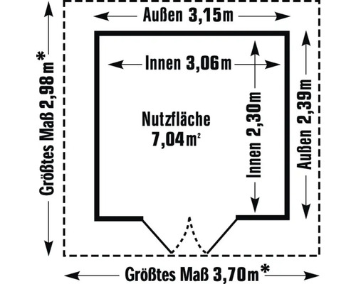 Grundrisszeichnung mit Aussenmassen 3,15 Meter mal 2,39 Meter und grössten Massen von 2,98 Meter mal 3,70 Meter, Innenmassen von 3,06 Meter mal 2,30 Meter und einer Nutzfläche von 7,04 Quadratmetern.